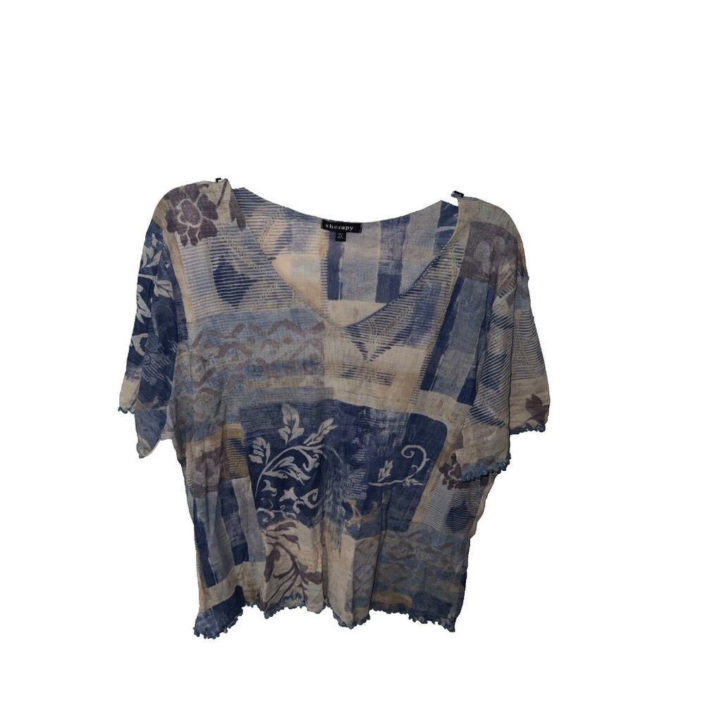 Therapy womans plus size 3X short sleeve top v-neckline blue yellow pullover